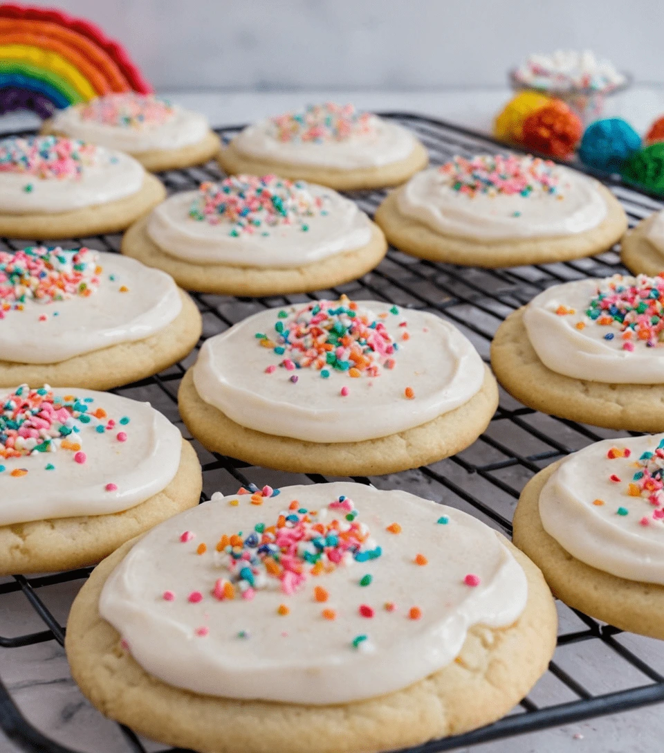 Frosted sugar cookies topped with colorful sprinkles on a cooling rack.