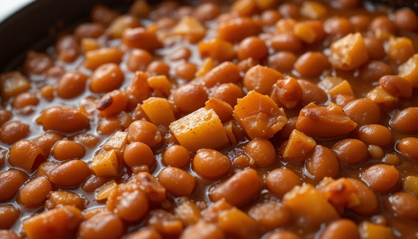 Apple Pie Baked Beans in a rustic serving dish with caramelized apples.