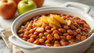 Apple Pie Baked Beans in a cast-iron skillet, fresh from the oven.