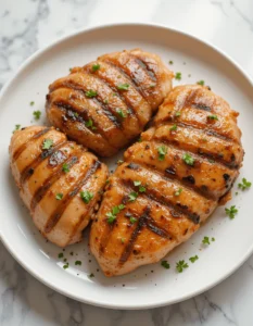 Three grilled chicken breasts with char marks, glazed in a savory marinade and garnished with fresh parsley, served on a white plate.