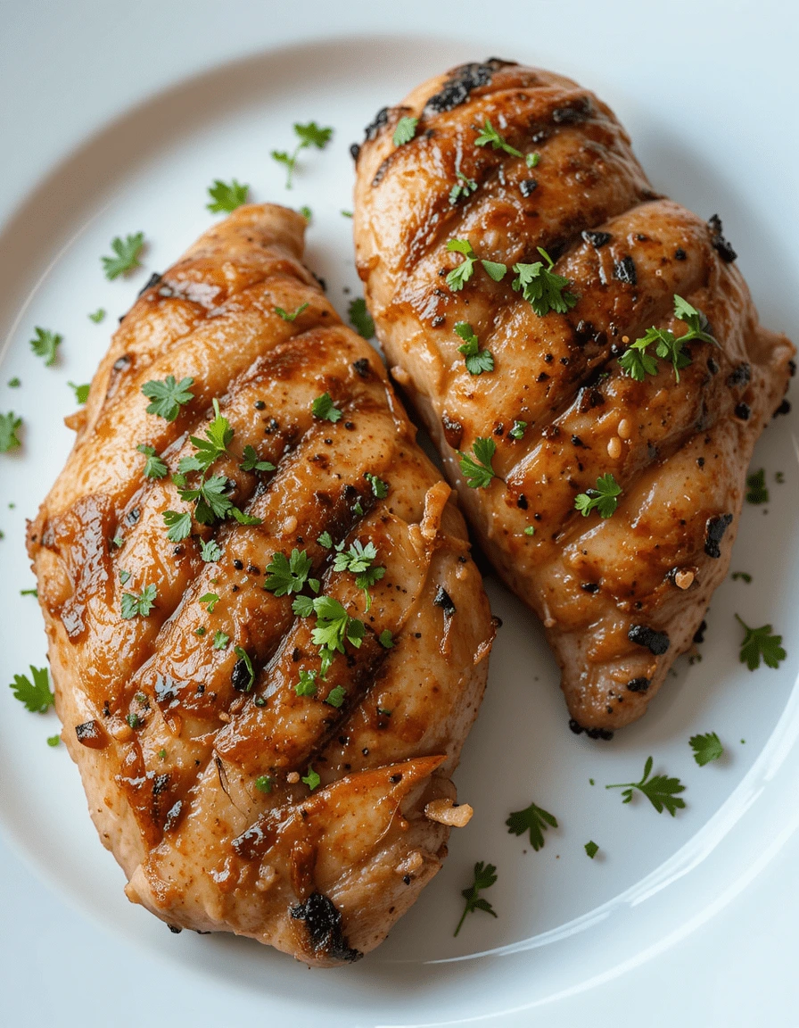 Juicy grilled chicken breasts with char marks, glazed with a flavorful marinade and garnished with fresh parsley on a white plate.