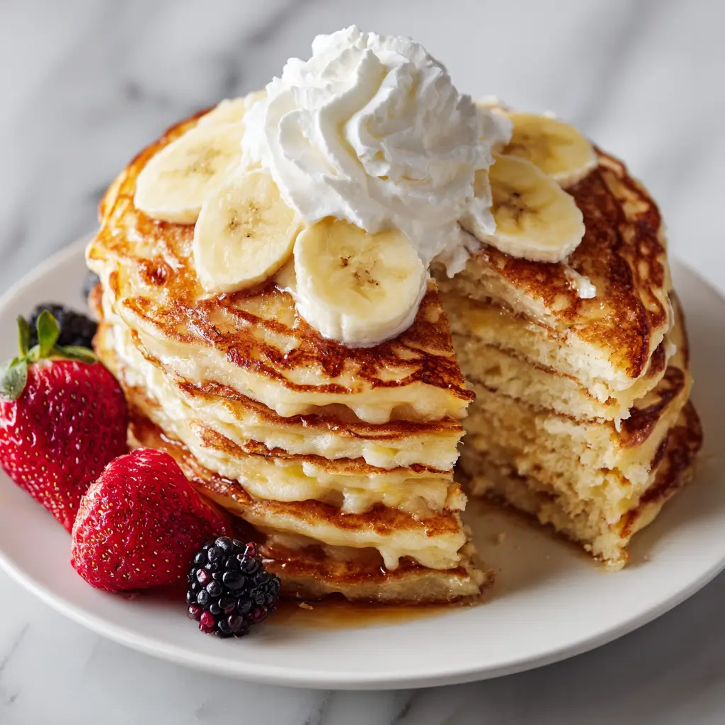 A stack of thick, fluffy banana protein pancakes with a slice cut out to show the texture, topped with banana slices, whipped cream, and served with fresh berries.