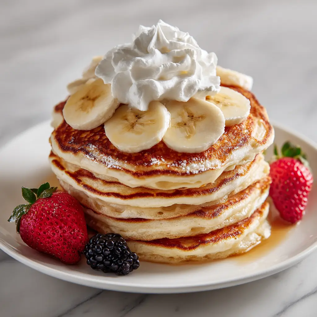 A tall stack of golden-brown banana protein pancakes on a white plate, topped with fresh banana slices, whipped cream, and served with a strawberry and a blackberry.