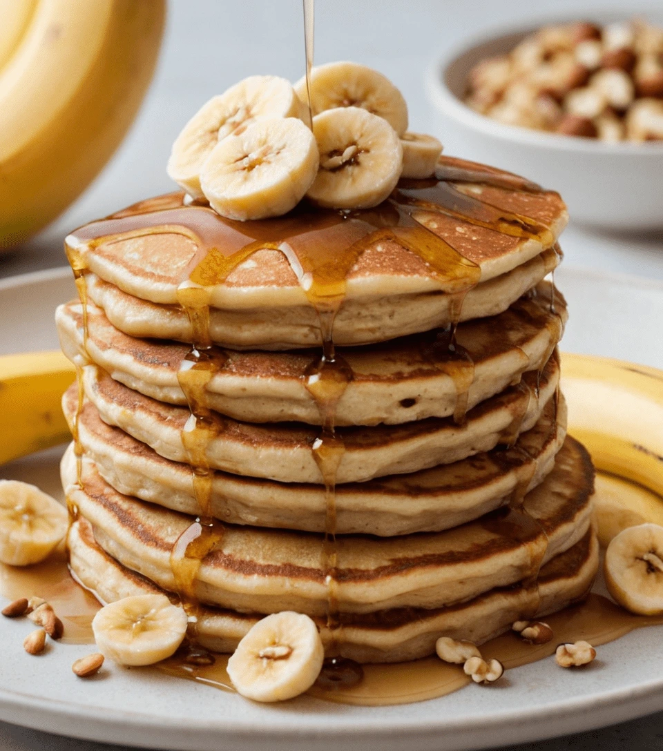 Stack of banana protein pancakes drizzled with syrup and topped with fresh banana slices.