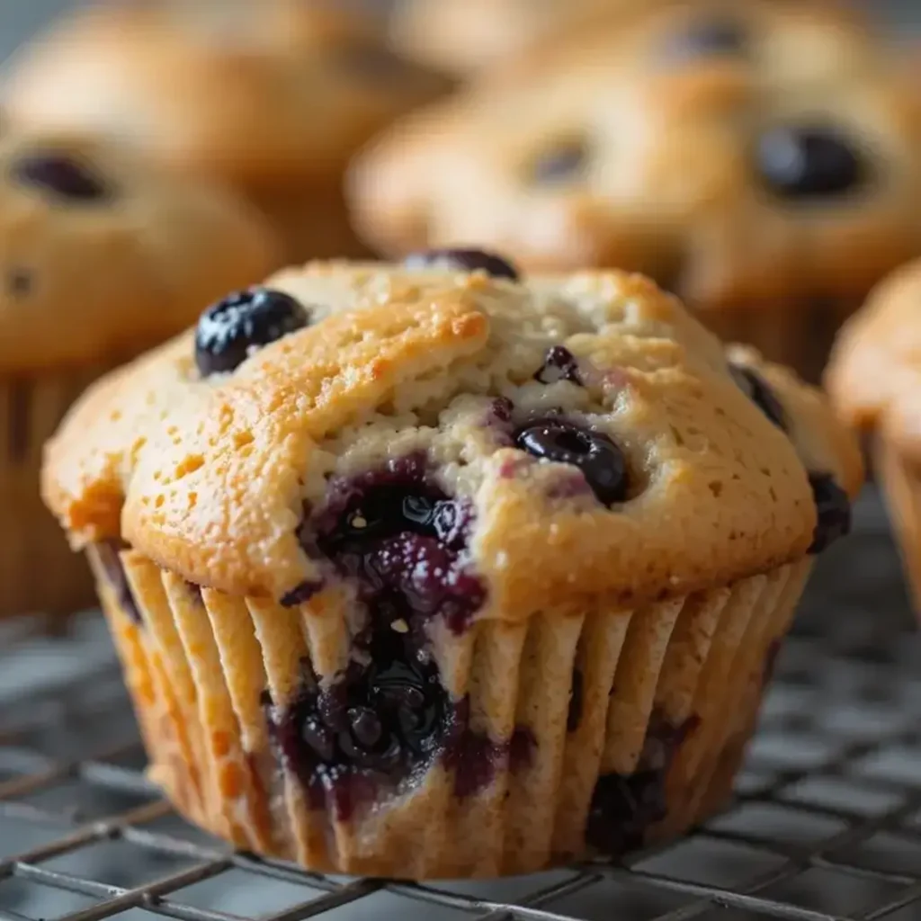 Freshly baked Bisquick Blueberry Muffins on a cooling rack