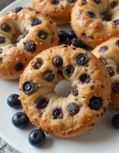 Blueberry-studded bagels with a golden crust on a white plate.