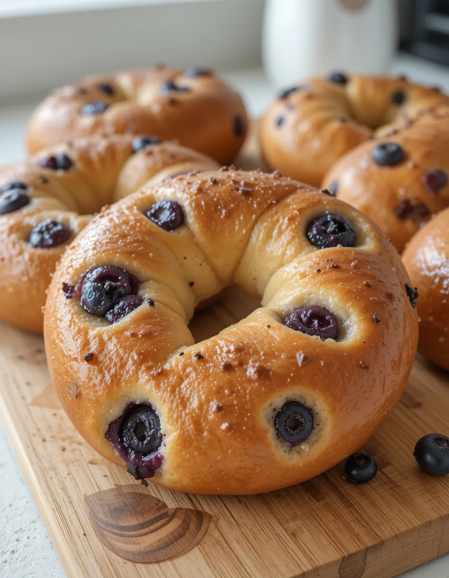 Freshly baked blueberry bagels with a golden crust on a wooden board.