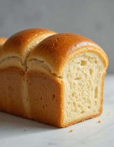  Freshly baked brioche loaf with a golden-brown crust and soft, fluffy interior on a light surface.