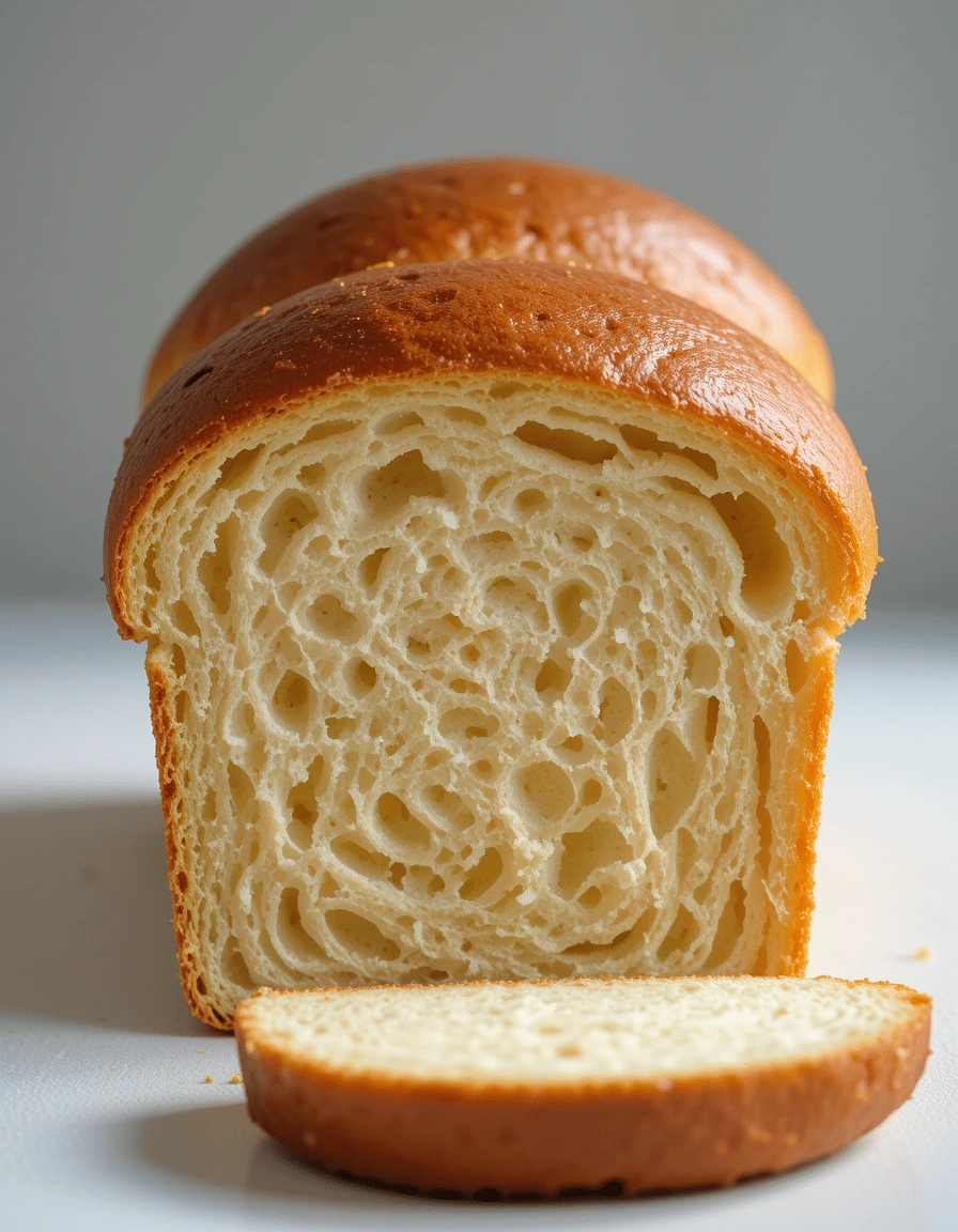 Close-up of a freshly baked brioche loaf with a golden-brown crust and soft, airy crumb, featuring a sliced piece in the foreground.