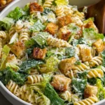 A close-up shot of a creamy Caesar pasta salad in a white bowl, featuring rotini pasta, crisp romaine lettuce, golden croutons, and grated Parmesan cheese, with a wooden spoon visible on the right.