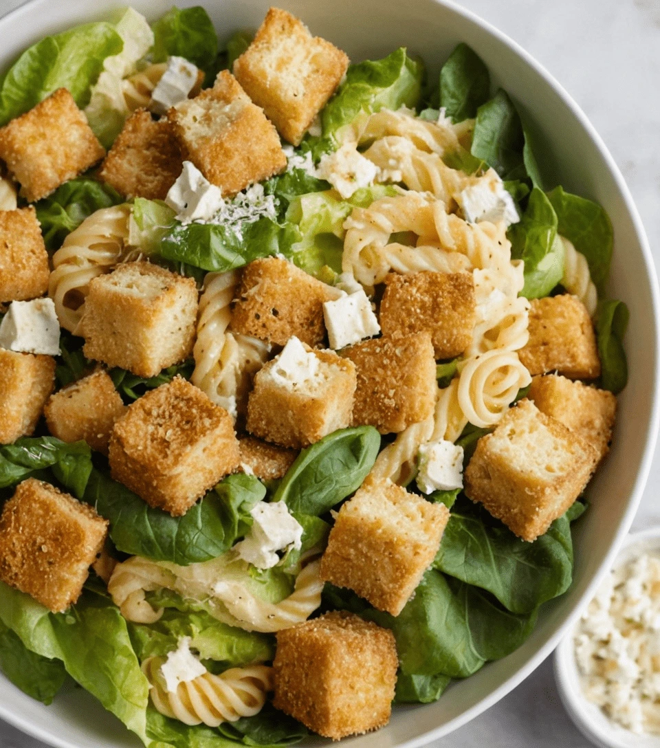 A fresh Caesar pasta salad with pasta, lettuce, parmesan, croutons, and creamy dressing.