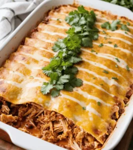  Cheesy chicken enchilada casserole topped with melted cheese and fresh cilantro in a white baking dish.