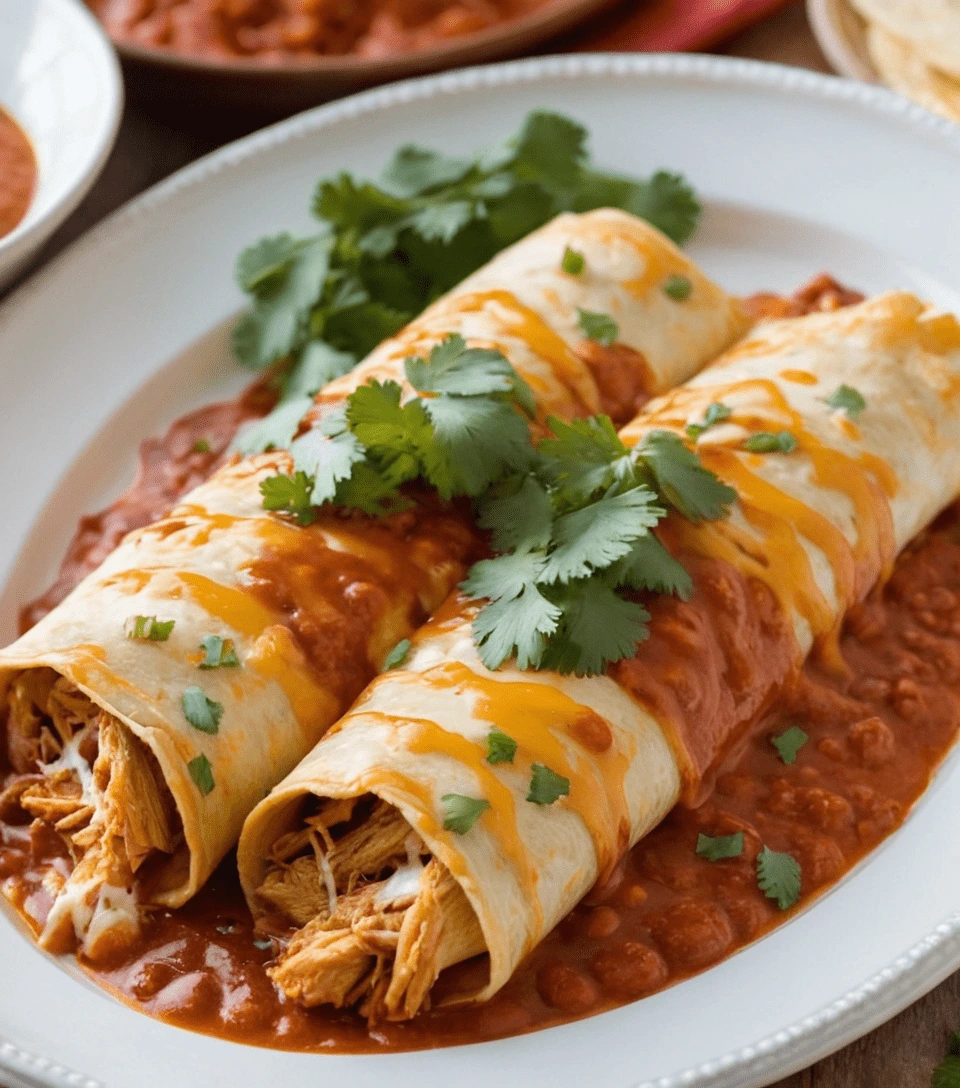 Cheesy chicken enchiladas topped with melted cheese, red enchilada sauce, and fresh cilantro on a white plate.