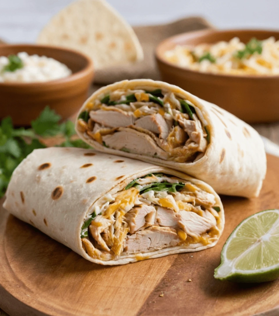 Freshly made cheesy garlic chicken wraps with shredded chicken, melted cheese, and herbs on a wooden board with lime and blurred ingredient bowls.