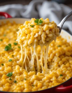 Cheesy corn casserole with gooey melted cheese and parsley garnish in a red dish.