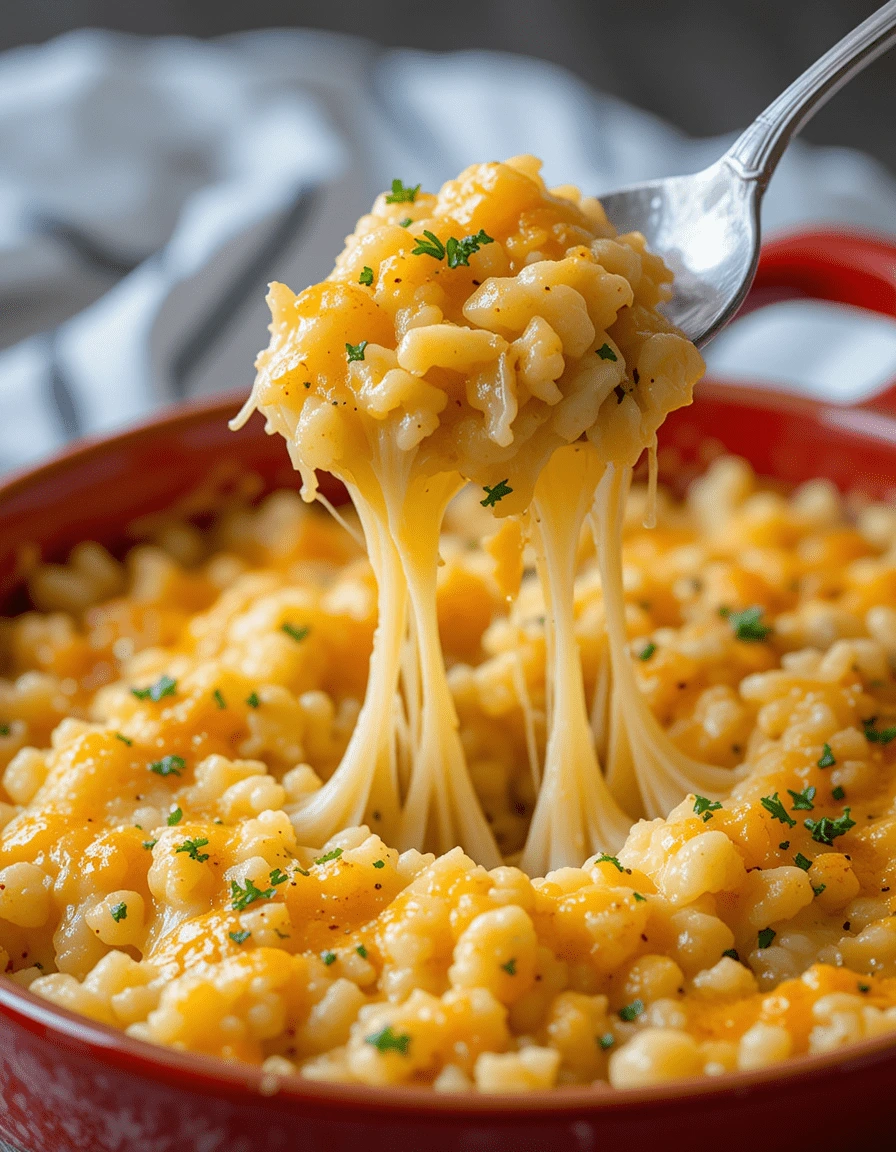 Cheesy rice casserole with gooey melted cheese and parsley garnish in a red dish.