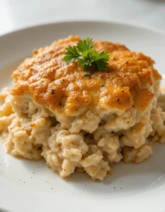 Creamy chicken dressing topped with golden-brown crust and garnished with fresh parsley on a white plate.