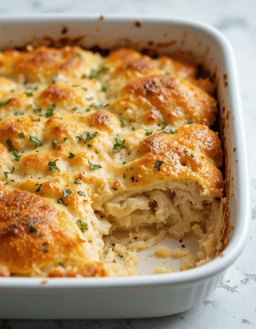 Golden-brown chicken dressing casserole topped with fresh parsley in a white baking dish.