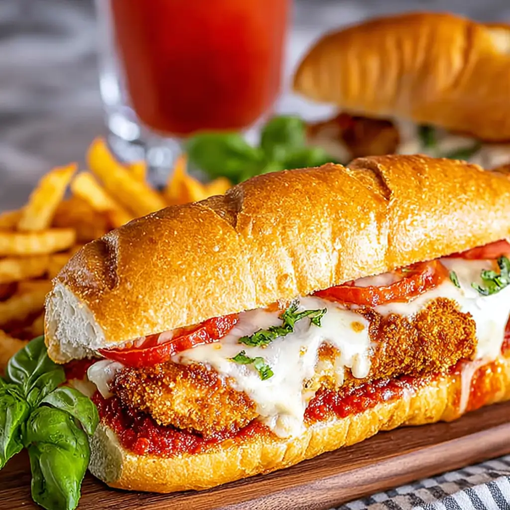 A close-up of a delicious chicken parmesan sandwich on a crusty sub roll, featuring a breaded chicken cutlet, melted mozzarella cheese, rich marinara sauce, and fresh basil, with a side of french fries in the background.