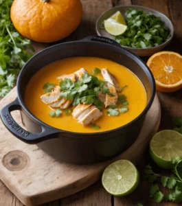 A creamy orange soup with chicken slices and cilantro served in a black cast-iron pot on a wooden board, surrounded by fresh lime, orange, and herbs.