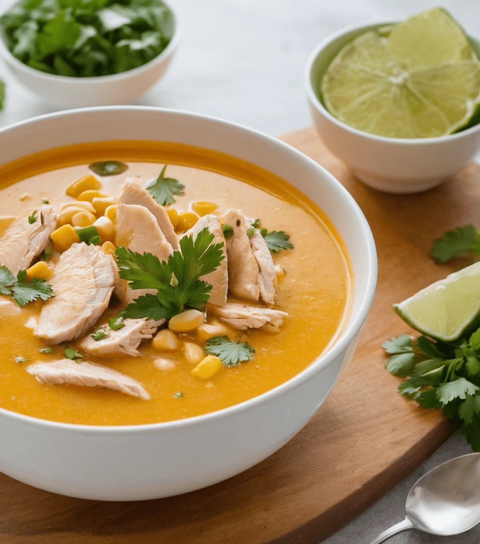 A creamy orange soup with chicken slices, corn, and fresh cilantro served in a white bowl on a wooden board with lime and herbs on the side.