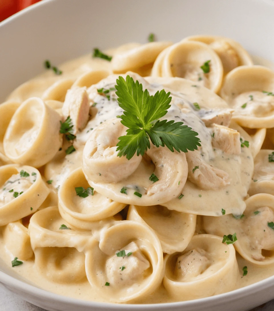 Close-up of creamy chicken tortellini garnished with fresh parsley.