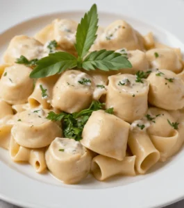 Plate of creamy chicken tortellini garnished with fresh parsley and herbs