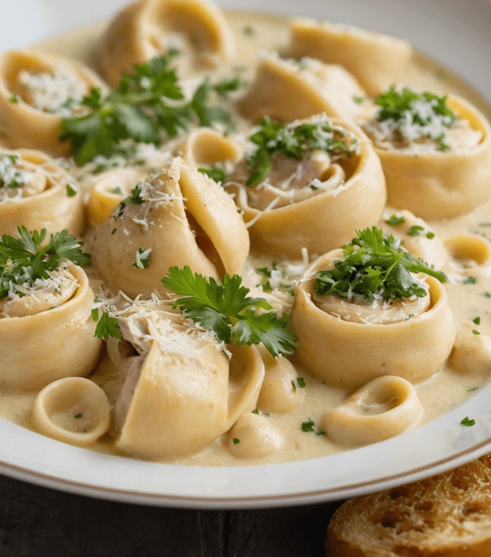 Close-up of chicken tortellini pasta in creamy Alfredo sauce, garnished with parsley and Parmesan cheese.