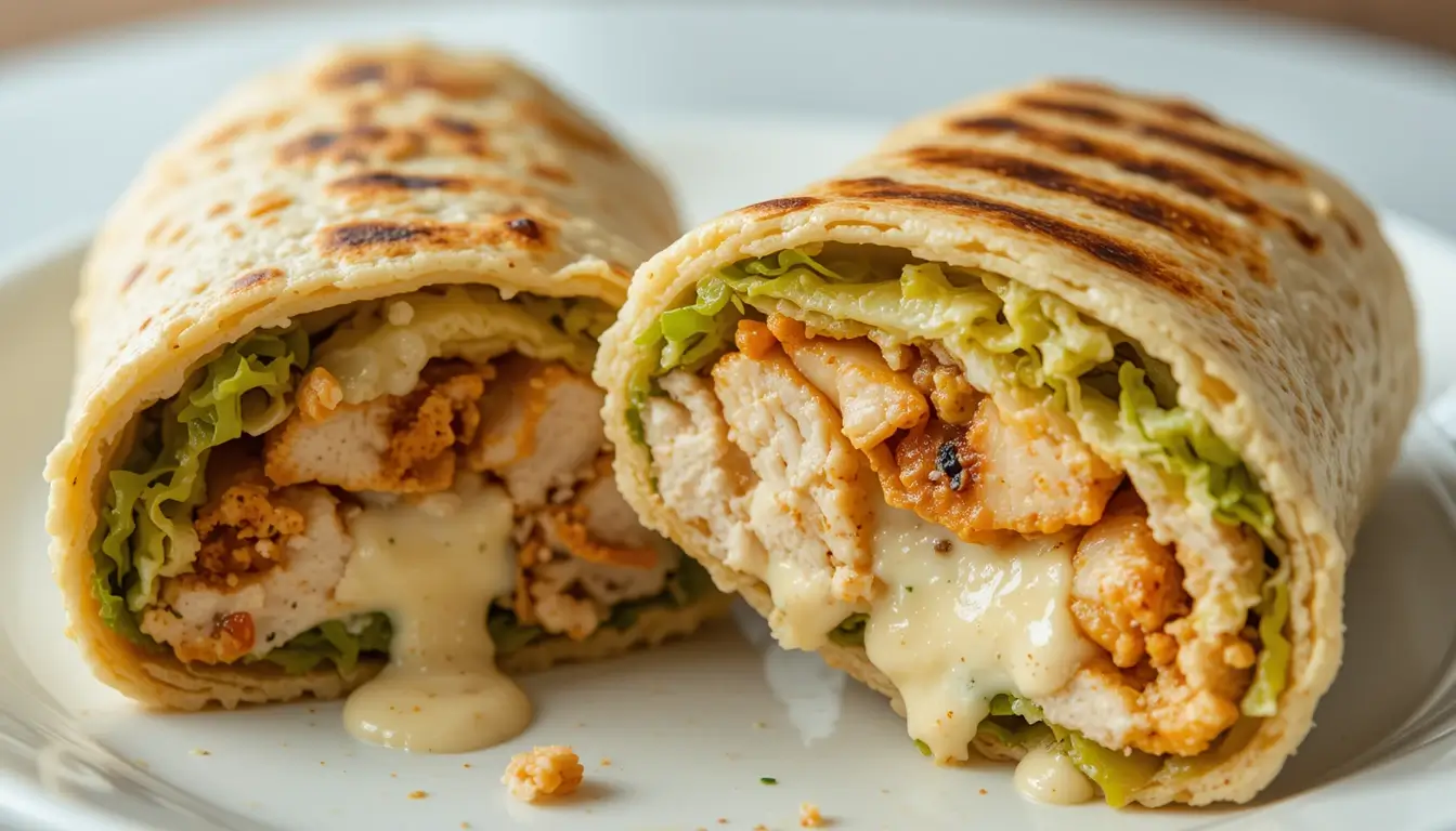 Close-up of a Chipotle Ranch Grilled Chicken Burrito with fresh ingredients.