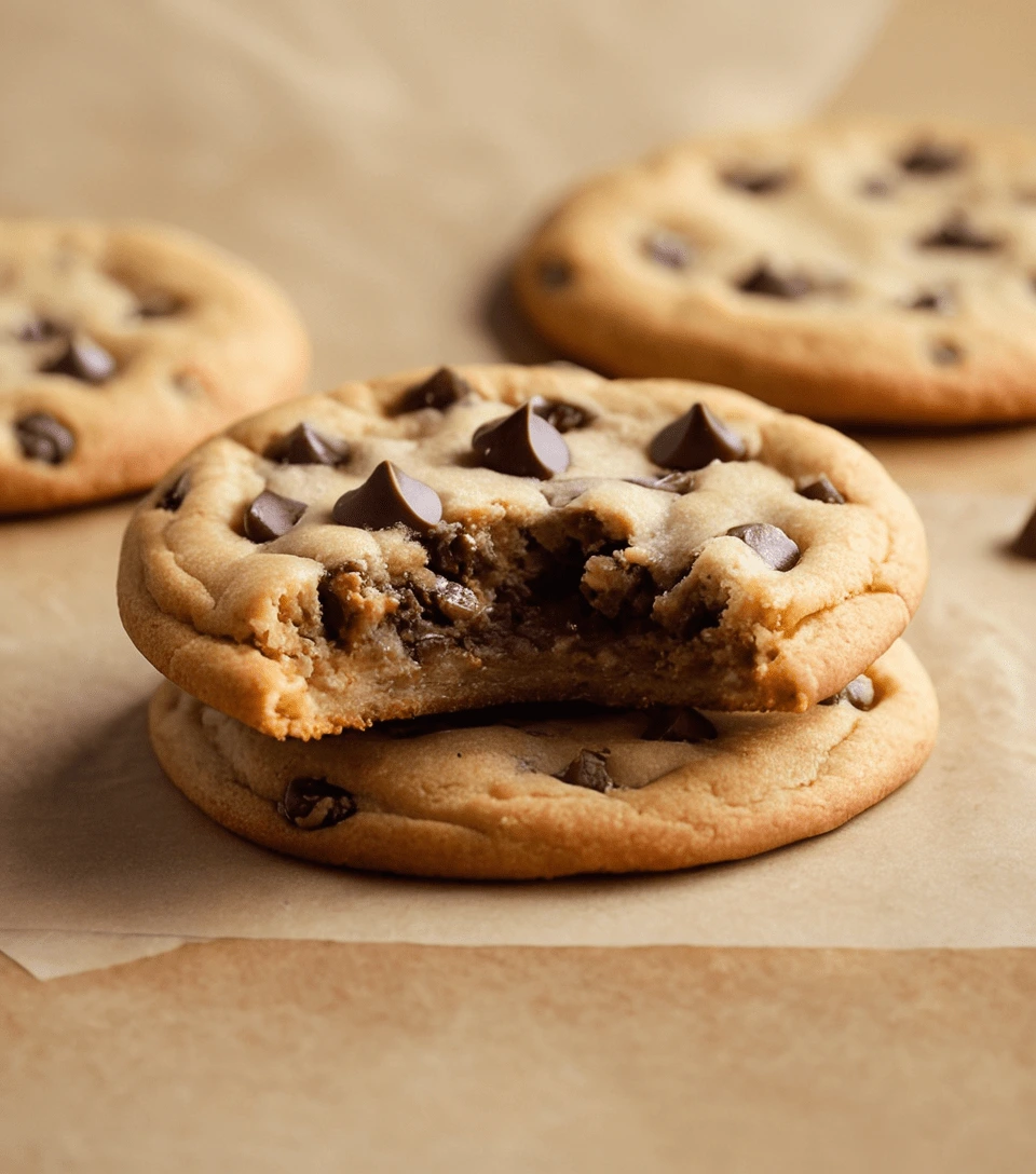 freshly baked chocolate chip cookies with a soft, gooey interior and golden-brown edges.