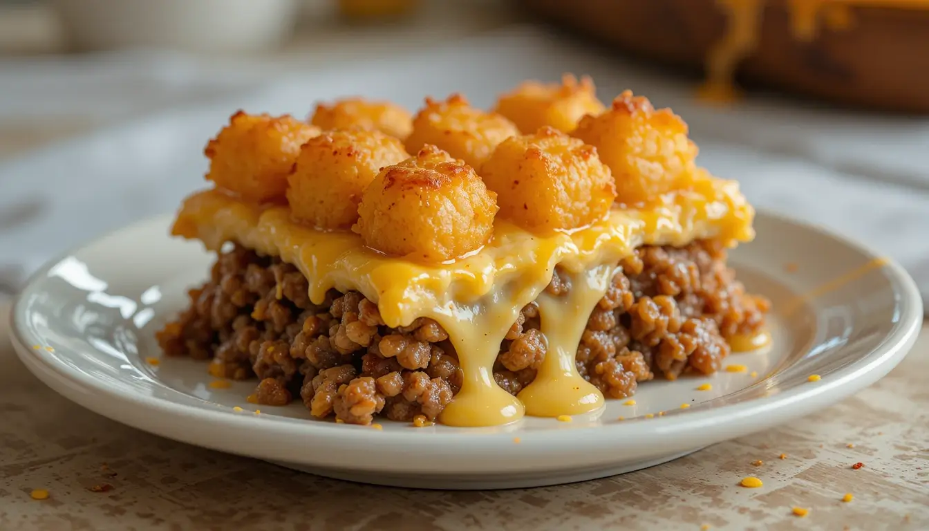 Cheeseburger Tater Tot Casserole slice with crispy tater tots and melted cheese