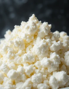 Close-up of fresh, fluffy white cottage cheese curds with soft texture