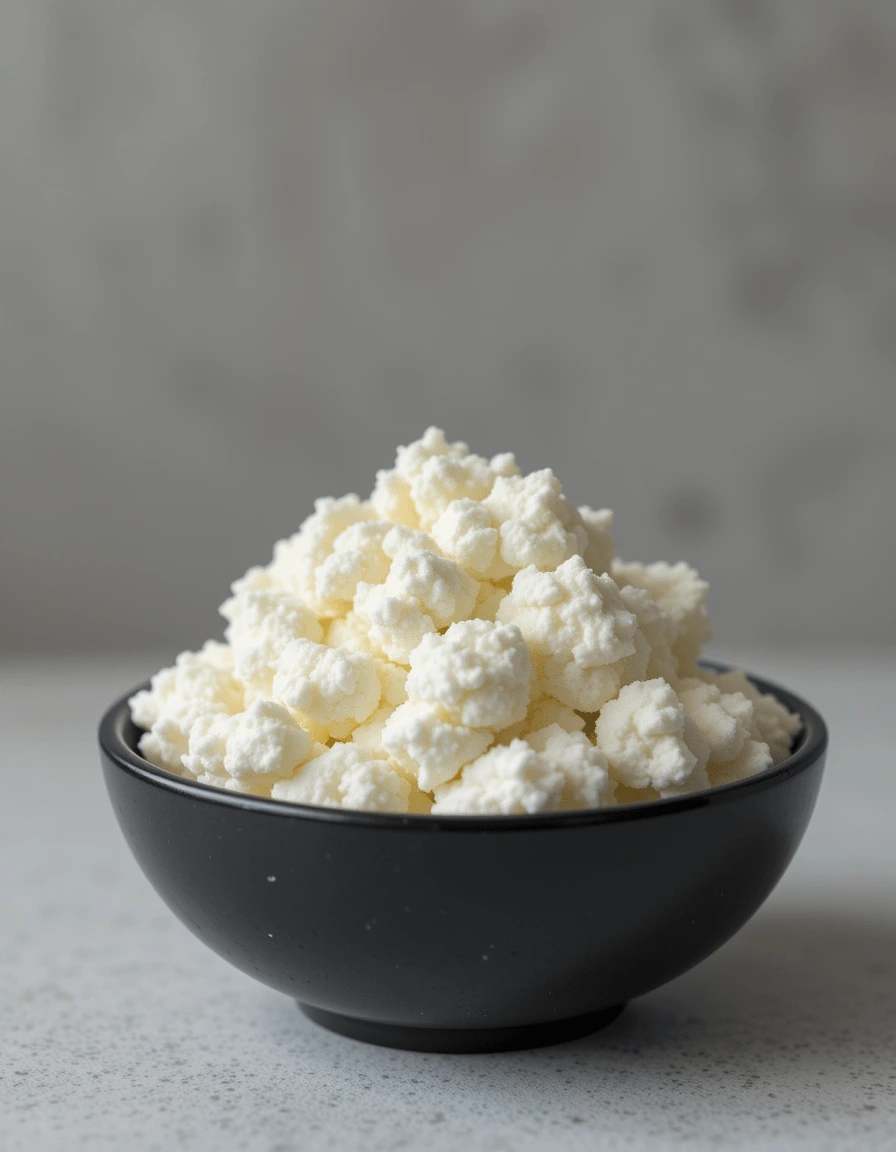 Fresh cottage cheese in a black bowl on a neutral background.