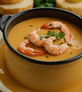 Creamy shrimp bisque served in a black pot, garnished with shrimp and parsley.