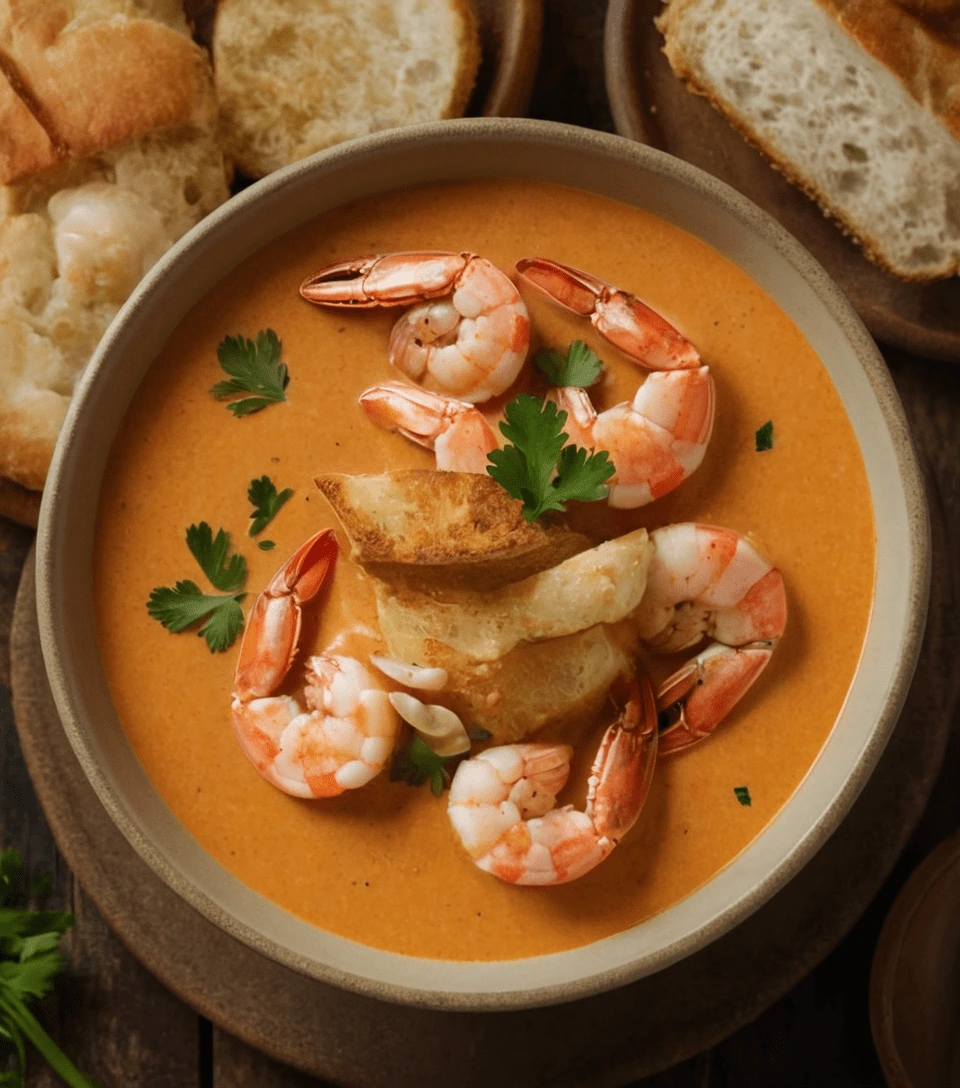 Creamy seafood bisque topped with shrimp, garnished with parsley and served with crusty bread.