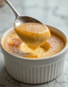 Close-up of a creamy flan dessert with caramel topping dusted with powdered sugar in a white ramekin.