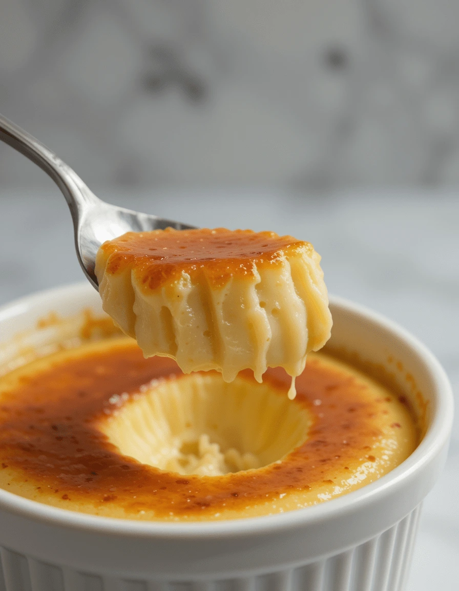 Close-up of crab flan dessert with caramel topping lifted by a spoon from a white ramekin.