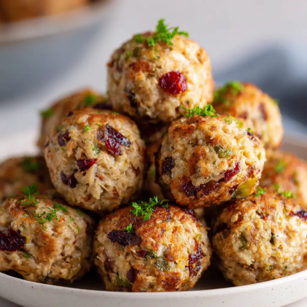 Savory turkey stuffing balls studded with dried cranberries and fresh herbs.
