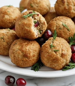 Cranberry and herb stuffing balls with one cut open on a white plate.