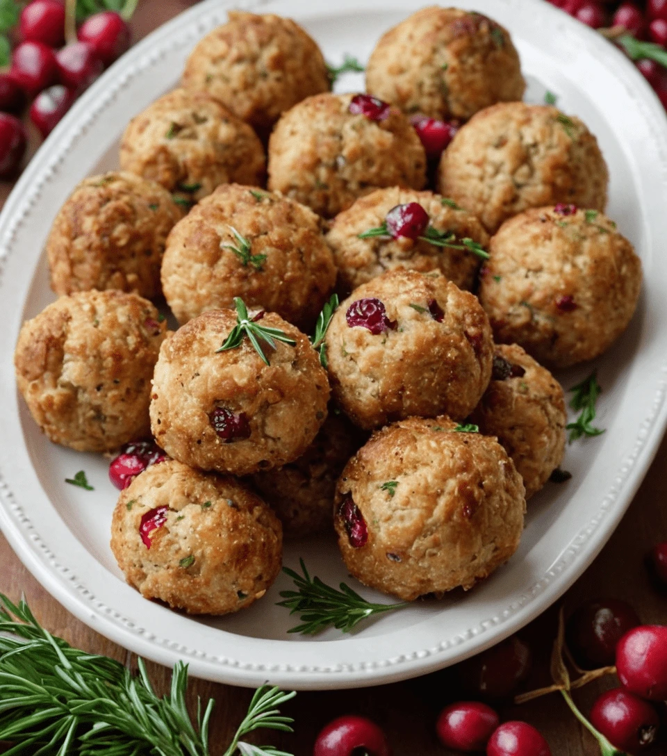 Cranberry and turkey stuffing balls garnished with fresh herbs on a white platter.