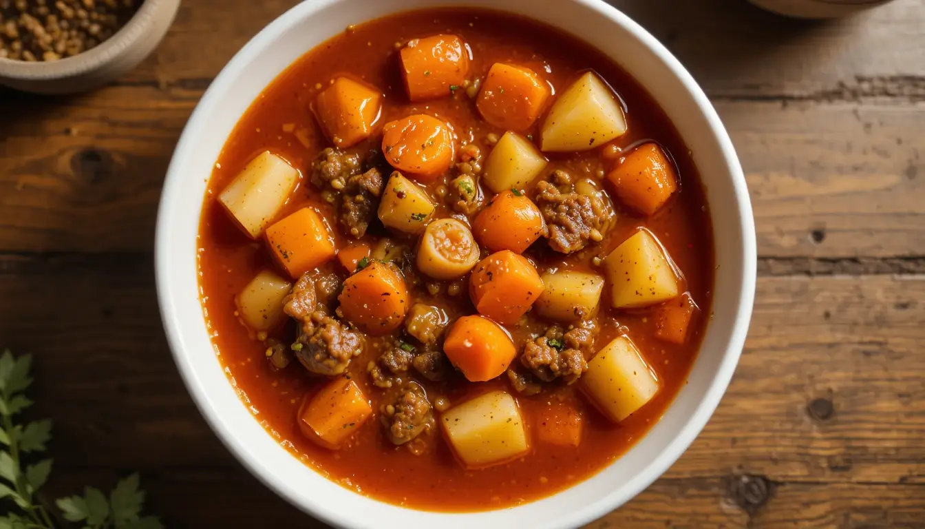 Crock-Pot Ground Beef Vegetable Soup in a bowl with fresh herbs.