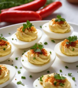 Deviled eggs garnished with parsley and chives on a white plate.