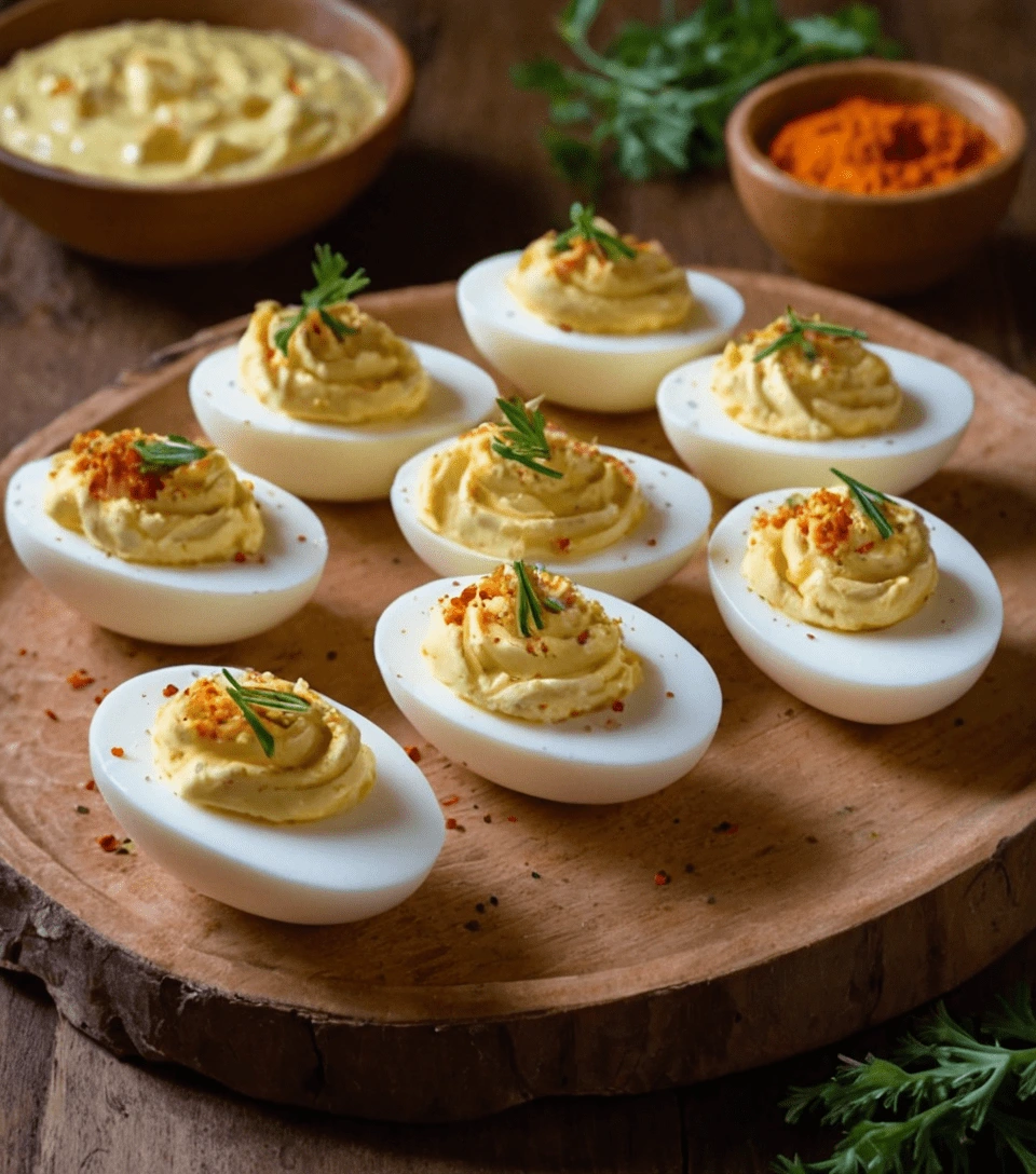 Deviled eggs garnished with herbs and spices on a rustic wooden platter.