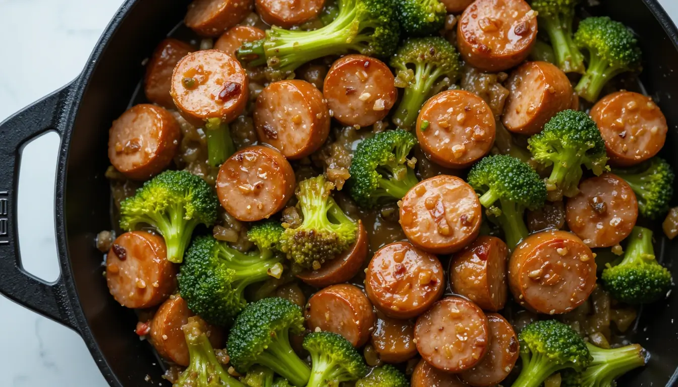 Close-up of sausage broccoli stir-fry in a cast iron skillet, featuring crispy sausage slices and tender broccoli coated in a savory garlic sauce.