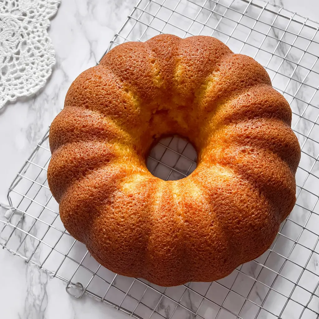 A freshly baked golden-brown lemon cream cheese pound cake cooling on a silver wire rack, shot from above on a white marble background