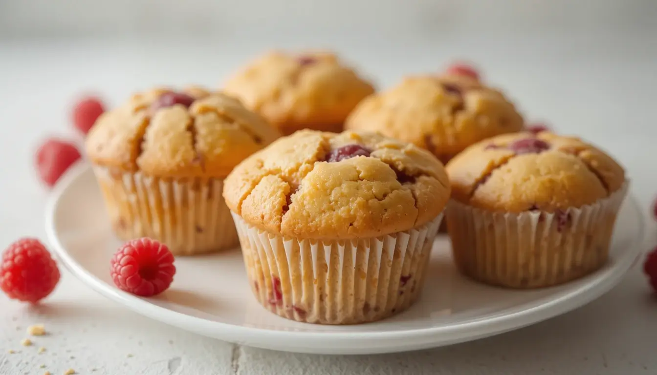 Freshly baked Raspberry Lemon Muffins with raspberries and lemon slices