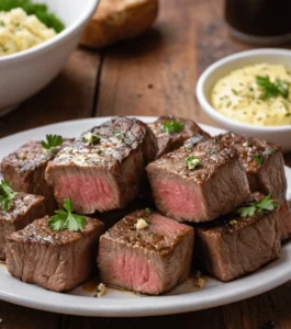 Garlic butter steak bites with a pink center, garnished with parsley, served on a white plate with creamy butter in the background.