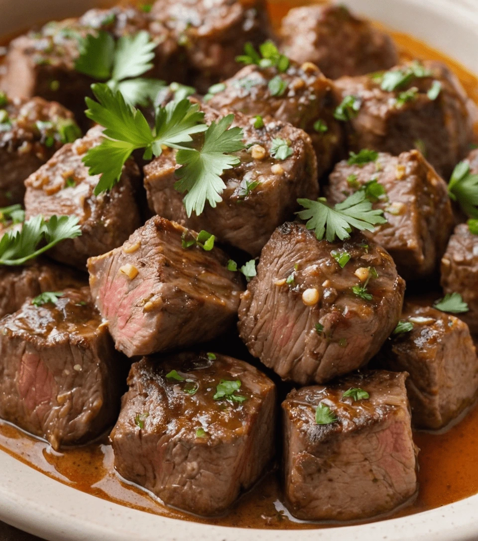 Juicy garlic butter steak bites garnished with parsley on a white plate, glistening with a rich, savory sauce.