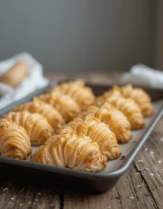 Freshly baked golden Gipfeli with beautifully layered pastry on a baking tray.