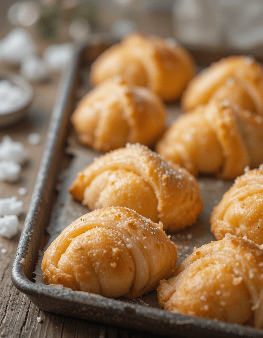 Freshly baked golden-brown Gipfeli topped with a light dusting of sugar on a baking tray.